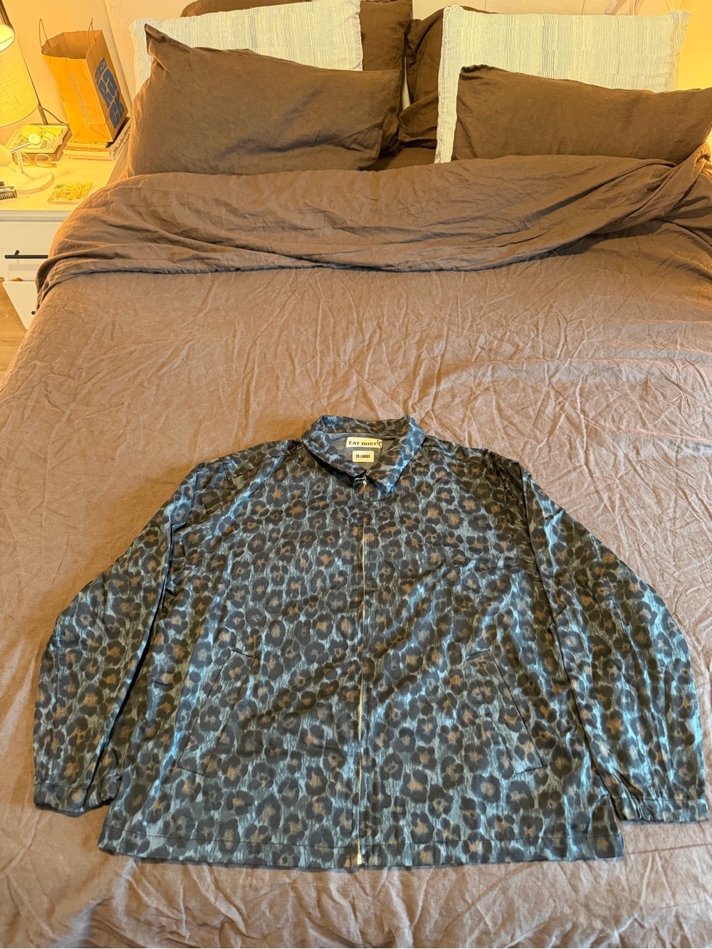 EAT DUST Dogtown Jacket - black/blue leopard — XXL MSRP $395 — shortish sleeves